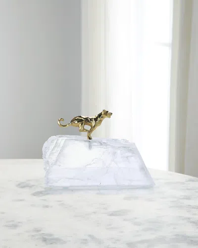 John-richard Collection Sprinting Brass Panther Sculpture On Selenite In Transparent