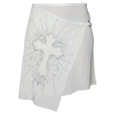 Pre-owned John Richmond 2000s Cream Chiffon Wrap Skirt — Baroque Cross Embroidery In White