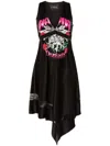 John Richmond Asymmetric Graphic-print Midi Dress In Black