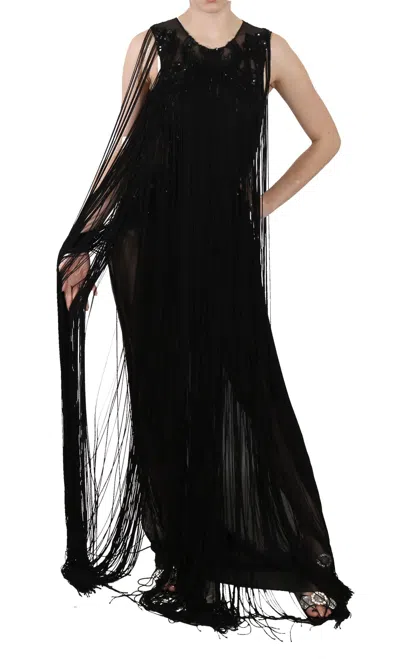 John Richmond Black Silk Beaded Sequined Sheer Women's Dress