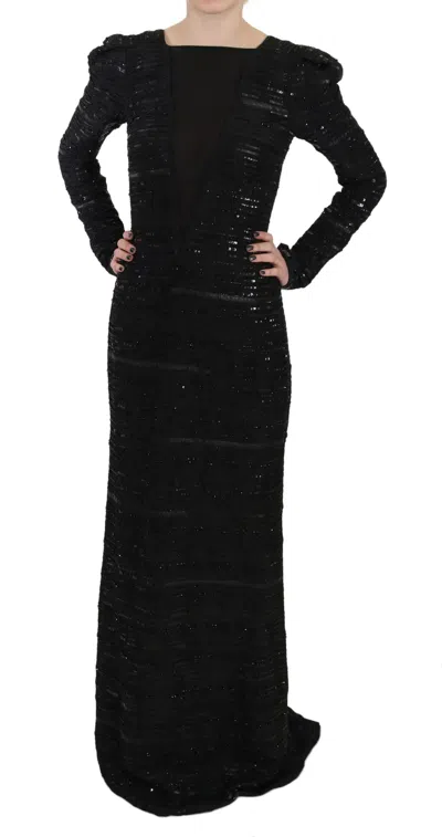 John Richmond Black Silk Full Length Sequined Gown Women's Dress