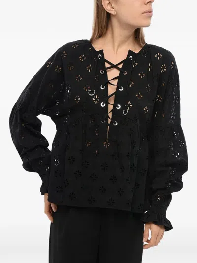 John Richmond Broderie Anglaise Lace-up Blouse In Black