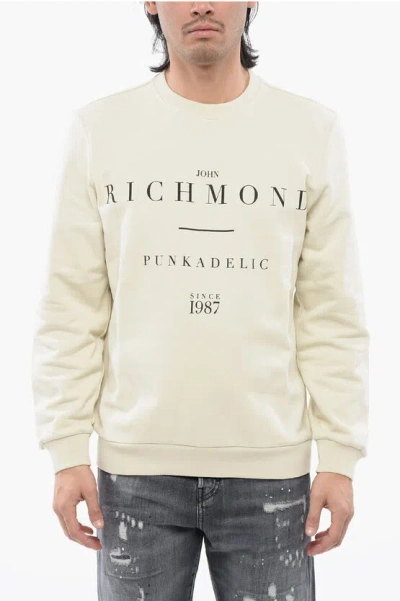 John Richmond Brushed Cotton Crewneck Sweatshirt With Logo Print In Neutral