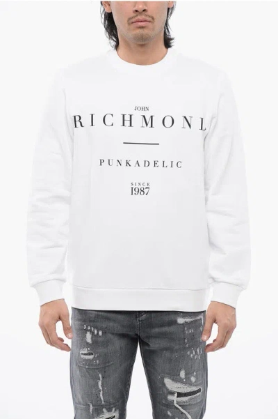 John Richmond Brushed Cotton Crewneck Sweatshirt With Logo Print In White