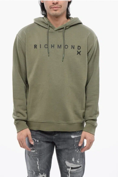 John Richmond Brushed Cotton Hoodie With Logo Print In Green