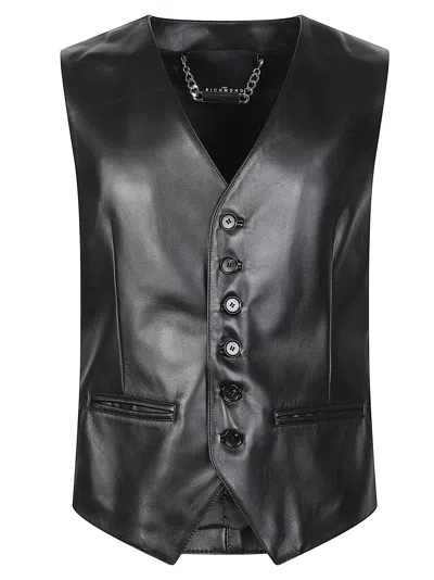 John Richmond Disat Deep V-neck Calf Leather Vest In Black