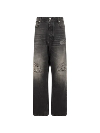 John Richmond Distressed Logo-print Baggy Jeans In Gray