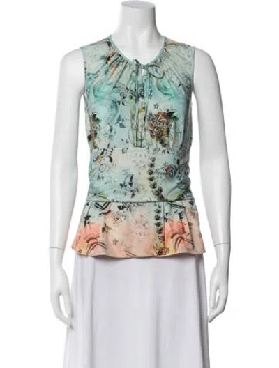 Pre-owned John Richmond Graphic Print Tie Neck Top W/ Tags In Green