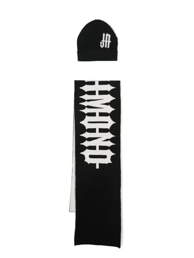 John Richmond Junior Kids' Logo-jacquard Beanie Set In Black