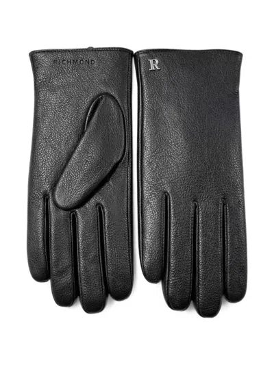 John Richmond Logo-plaque Pebbled Leather Gloves In Black