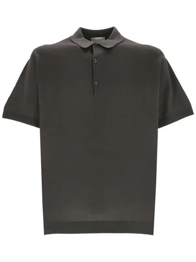 John Smedley Minimalist Black Cotton Polo Shirt With Classic Collar In Brown