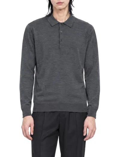 John Smedley Belper Merino Wool Long Sleeve Sports Polo Shirt In Charcoal