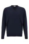 John Smedley V-neck Sweater With Ribbed Cuffs And Hem In Blue