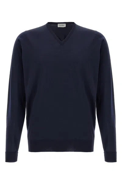 John Smedley V-neck Sweater With Ribbed Cuffs And Hem In Blue