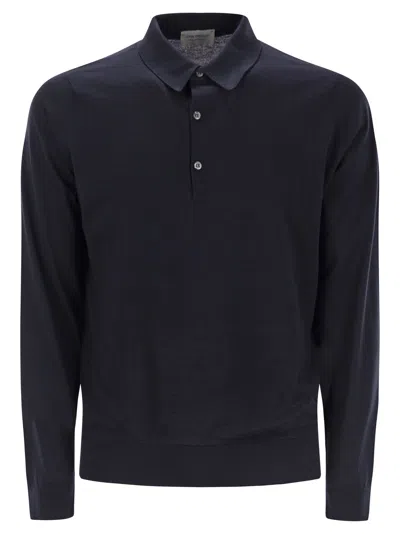 John Smedley Bradwell Cotton Long Sleeved Polo Shirt In Navy