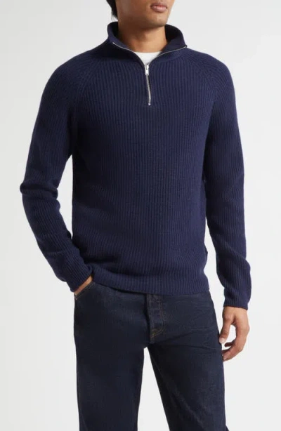 John Smedley Cashmere & Extrafine Merino Wool Rib Half Zip Sweater In Blue