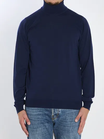 John Smedley Turtleneck Merino Wool Pullover With Ribbed Cuffs In Blue