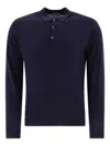 John Smedley Classic Navy Wool Long Sleeve Polo With Ribbed Cuffs In Black