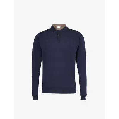 John Smedley Mens Midnight Mushroom Colour-block Long-sleeved Wool Polo Shirt