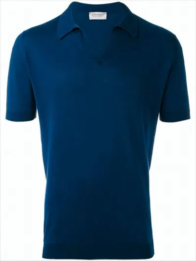 John Smedley Deep V-neck Polo Shirt With Ribbed Hem And Cuffs In Blue