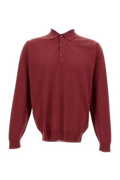 John Smedley Long-sleeved Polo Shirt In Extra-fine Merino Wool In Burgundy