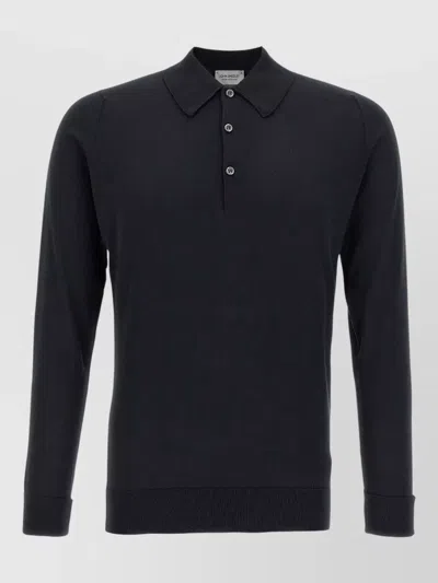 John Smedley Finchley Knitted Polo Shirt Ribbed Cuffs In Blue