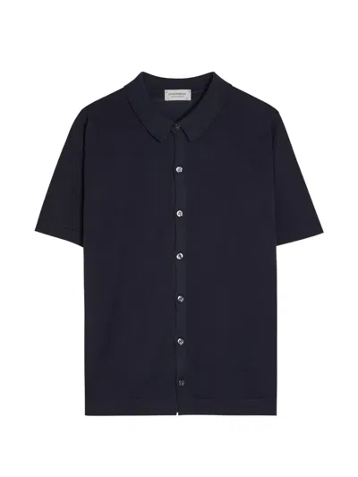 John Smedley Folke Knit Short Sleeve Cotton Button-up Shirt In Blue