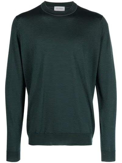 John Smedley Mens Highland Green Midnight Striped Mock-neck Wool Jumper