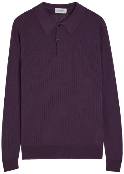 John Smedley Hodson Ribbed Merino Wool Polo Shirt In Purple