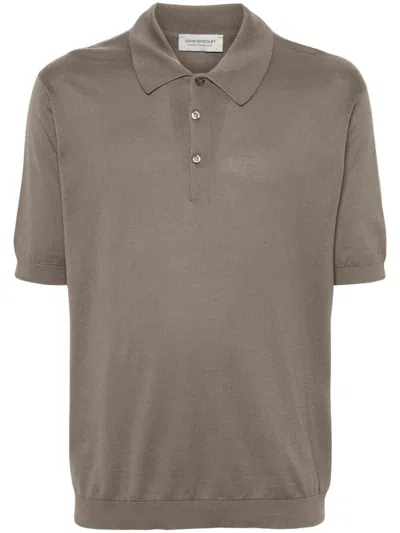 John Smedley Cotton Knit Polo Shirt Ribbed Trims In Brown