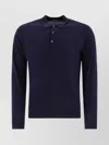 John Smedley Classic Navy Wool Long Sleeve Polo With Ribbed Cuffs In White