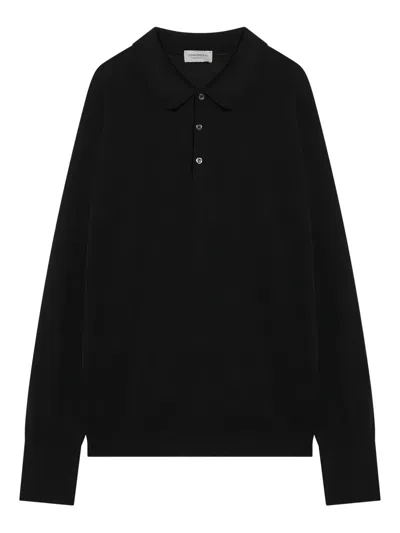 John Smedley Cotton Polo Shirt With Ribbed Cuffs And Hem In Black