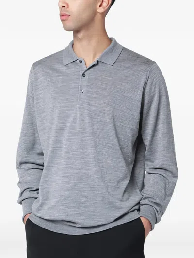 John Smedley Wool Polo Shirt Long Sleeves Ribbed Cuffs In Gray