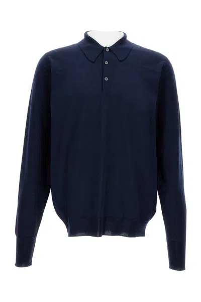 John Smedley Long-sleeved Polo In Extra-fine Merino Wool In Blue