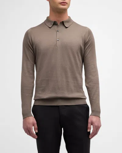John Smedley Men's Solid Long-sleeve Polo Shirt In Beige Musk