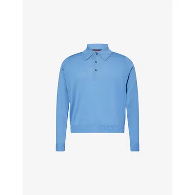John Smedley Mens Chambray Blue/maz  X Bill Nighy Long-sleeve Merino Wool Polo Shirt Xl