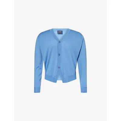 John Smedley Mens Chambray Blue/maz  X Bill Nighy V-neck Merino Wool Cardigan Xl