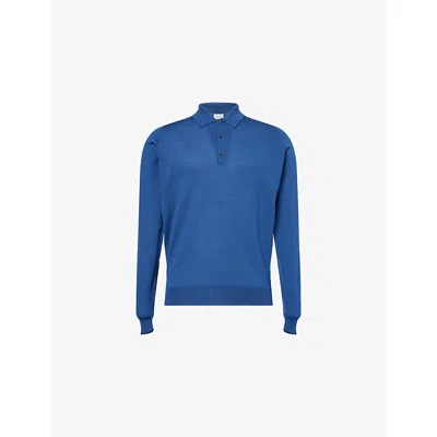 John Smedley Mens Knitted Long-sleeve Wool Polo Top Charles Blue