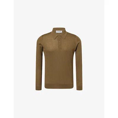John Smedley Mens Rewilding Green Hodson Ribbed Merino-wool Polo Jumper In Brown