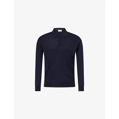John Smedley Mens Midnight Hodson Ribbed Merino-wool Polo Jumper Xl In Multi