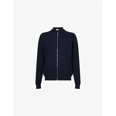 John Smedley Mens  Textured Crewneck Wool Cardigan In Blue
