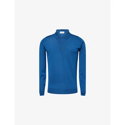 John Smedley Mens Montagu Blue Ribbed-trim Elasticated-hem Wool Polo Shirt Xl