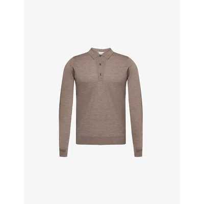 John Smedley Mens Mushroom Ribbed-trim Elasticated-hem Wool Polo Shirt In Mushroom
