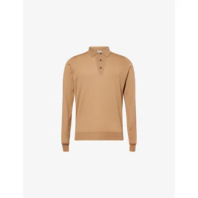 John Smedley Mens Knitted Long-sleeve Wool Polo Top Nutmeg In Gold