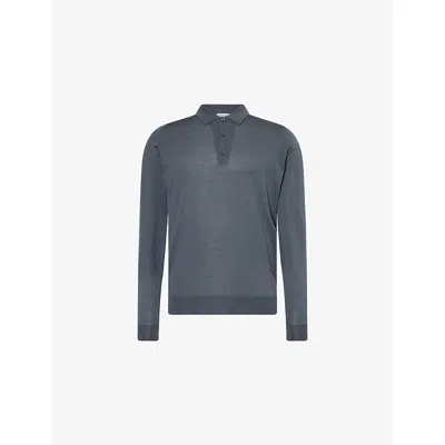 John Smedley Mens Slate Grey Belper Long-sleeves Wool Polo Shirt