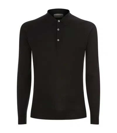 John Smedley Merino Wool Long-sleeve Polo Shirt In Black