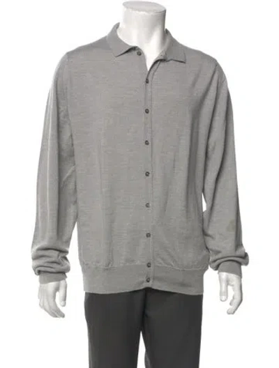 Pre-owned John Smedley Merino Wool Mock Neck Cardigan In Gray