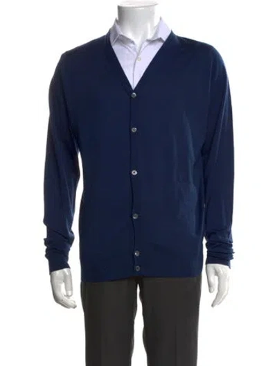 Pre-owned John Smedley Merino Wool V-neck Cardigan In Blue