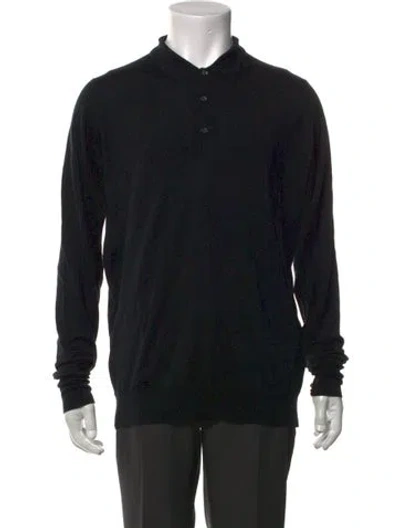 Pre-owned John Smedley Merino Wool V-neck Polo Shirt In Black