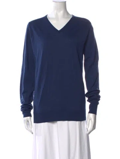 Pre-owned John Smedley Merino Wool V-neck Sweater W/ Tags In Blue